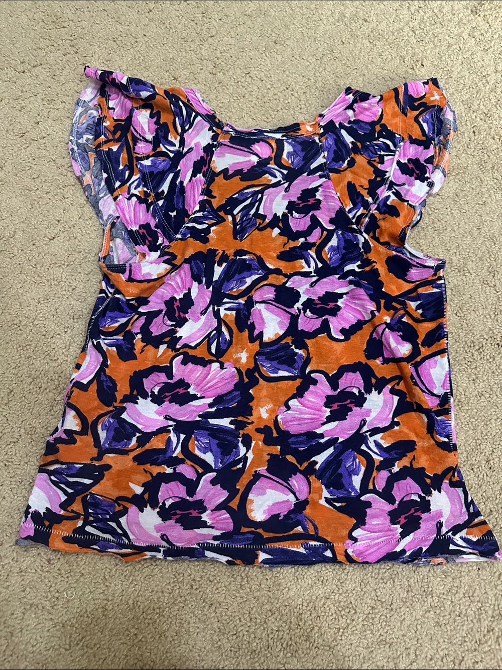 Maeve by Anthropologie Carie Tee Floral V-Neck Top Orange w/ Pink & Navy Blooms - Picture 9 of 12
